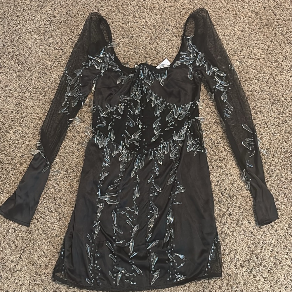ASOS- long sleeve teardrop embellished dress with mesh panels in black size US 6 - Picture 6 of 8